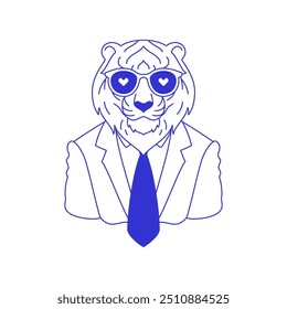 Homem de negócios tigre Y2k no amor óculos de sol retrato azul esboço linha ícone vetor ilustração plana. predador psicodélico selvagem felino animal em terno de negócios moda contemporânea pop arte adesivo