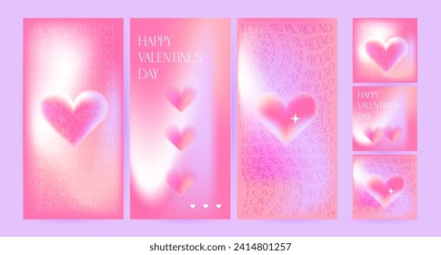 Y2k Trendy Aesthetic abstract gradient pink social media backgrounds set with translucent aura hearts and blurred pattern. Covers, stories highlight template for digital marketing. Vector eps10 design