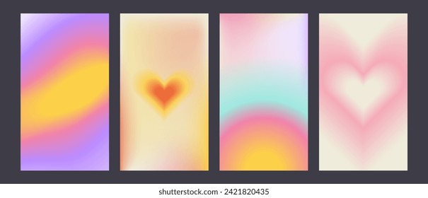 Y2k Trendy Aesthetic abstract gradient pink background with translucent aura hearts and shapes blurred pattern. Social media stories highlight templates for digital marketing for stories.
