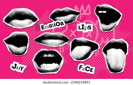 Collage de moda Y2k con elementos de corte de papel. Los labios de semitono para pancarta, gráfico, afiche. Colección vectorial de gritos, besos, sonrisa, lengua, boca abierta. Textura desgarrada pegatinas de puntos .