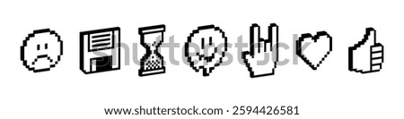 Y2k trendy collage sticker set. Sad face, melting smile face, heart, thumbs up. 3D pixel art black elements. Mood of 90's. 8-bit retro style vector illustration. Geometric shape. Game abstract icons