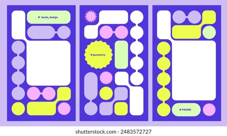 Y2K Trendy Geometrie Design-Elemente, bento Design. Satz von mobilen Zusammensetzungen. Abstrakte futuristische Formen. Farbenfroher Web-Rahmensatz, Blöcke, Gitterkonzept. Benutzeroberfläche für Trending Brick-Vorlage. Web Comics Grids