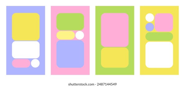 Y2K Trendy Geometry Design elements, bento design. Set of vertical format for social media. Pastel colors. Abstract huge rounded shapes. Web frame set. Trending brick Ui template. Web comics grids