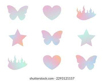 y2k trendy gradient sticker set, butterfly, star, heart, 90s and 2000s style, nostalgia, glamorous, vector illustration