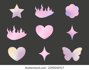 y2k trendy gradient stickers, butterfly, star, heart, 90s and 2000s style, nostalgia, glamorous, vector illustration