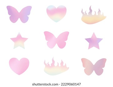 y2k trendy gradient stickers, heart, butterfly, star, flame, 90s and 2000s style, nostalgia, glamorous vector illustration