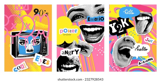 Y2k trendy Halftone a4 posters Set. Dotted Graphic Elements Shapes Objects in creative collage compositions. Magazine words and halftone part of body. Vector illustration with isolated elements