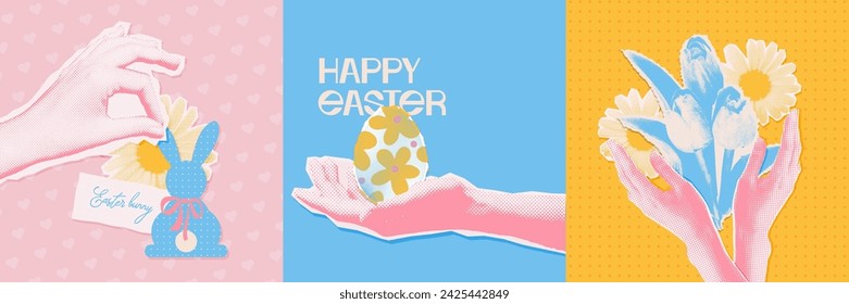 Y2k trendy mixed media collages set of hands holding an egg, bunny and flower bunch in halftone torn paper style. Happy Easter banners template. Vector vintage illustration.