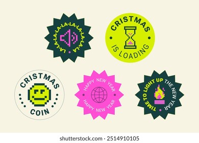 Y2k trendy playful pixel colorful stickers for New Year's celebration. Retro 90th pixel flat style for Christmas SMM. Concept for marketing, web, packaging, t-shirts. Geometric Brutalism