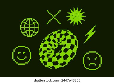  Y2k trendige verspielte Pixel Aufkleber. In: Trendy Geometric Brutalism UI. Retro Pixels Elemente in der Stimmung der 90er Jahre Ästhetik. 8-Bit-Retro-Stil Illustration. Abstrakte Formen, Emojis und karierter Bagel