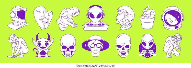 Y2k trendy pop art science fiction futuristic contemporary tattoos vector illustrations set. Surreal human characters, aliens, virtual reality graphic elements for sticker, print and t-shirt design