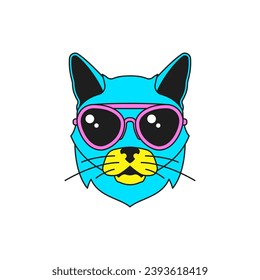 Y2k trendy psychedelic cat in sunglasses portrait cartoon character groovy icon vector flat illustration. Surreal fashion feline pet domestic animal in summer eyeglasses sticker for t shirt print