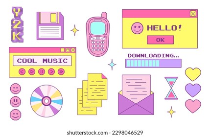 y2k trendy set of objects, old computer interface, retro pc elements, 1990s 2000s style, old phone, cd disk, pixel, heart, star, mail, nostalgia, vector illustration