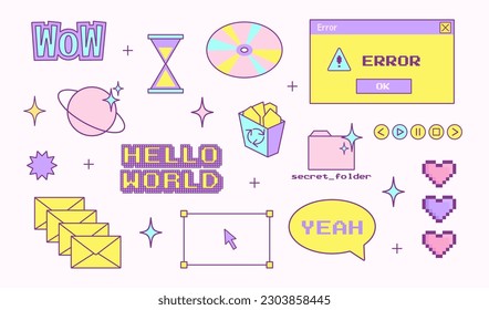 y2k trendy set of objects, old computer interface, retro pc elements, 1990s 2000s style, cursor, cd disk, pixel, heart, star, mail, nostalgia, vector illustration