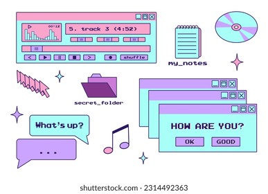 y2k trendy set of objects, old computer interface, retro pc elements, 1990s 2000s style, cursor, cd disk, star, nostalgia, vector illustration