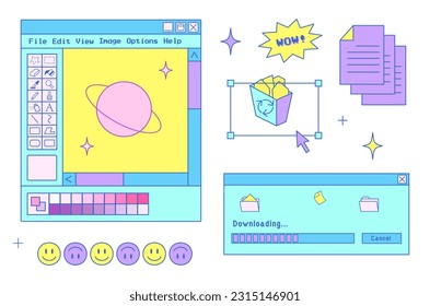 y2k trendige Set von Objekten, alte Computerschnittstelle, Retro-PC-Elemente, Stil der 90er Jahre, Cursor, Datei, Ordner, Programm, Stern, Nostalgie, Vektorgrafik