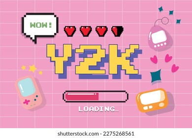 Juego de objetos de moda Y2K, juego retro, mascota digital, paginador , estilo de los años 2000 de los 90, corazón de píxeles, wow texto, ilustración vectorial