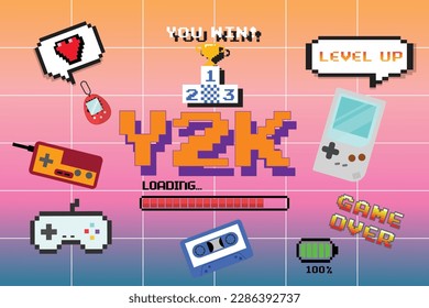 Juego de objetos de moda Y2K, juego retro, mascota digital, paginador , estilo de los años 2000 de los 90, corazón de píxeles, wow texto, ilustración vectorial	