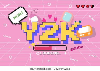 Y2K trendy set of objects, retro game,digital pet,pager , 1990s 2000s style, pixel heart, wow text, vector illustration	
