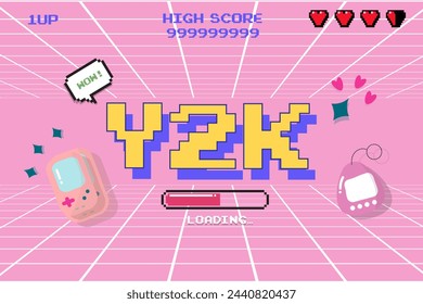 Y2K trendy set of objects, retro game,digital pet,pager , 1990s 2000s style, pixel heart, wow text, vector illustration