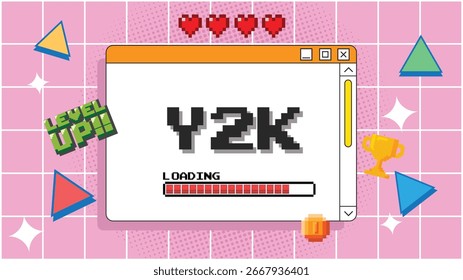 Y2K trendy set of objects, retro game,digital pet,pager , 1990s 2000s style, pixel heart, wow text.