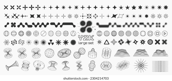 Y2K trendy shapes and 3d vector geometric figures, millennial symbols, signs and icons, large collection of shapes.
