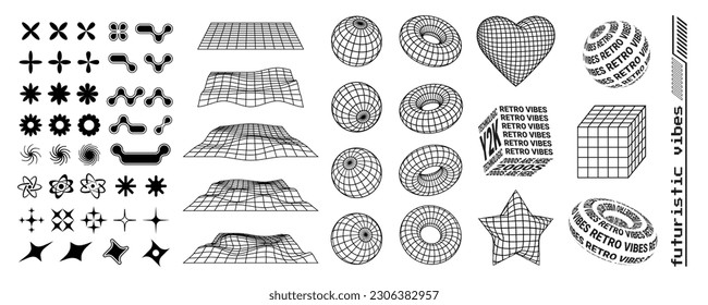 Y2K trendy shapes and 3d vector geometric figures, millennial symbols, signs and icons, large collection of shapes.
