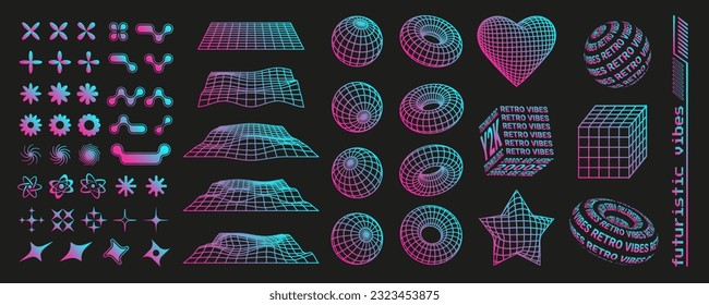 Formas de moda Y2K y figuras geométricas vectoriales 3d, símbolos milenarios, signos e iconos, gran colección de formas.