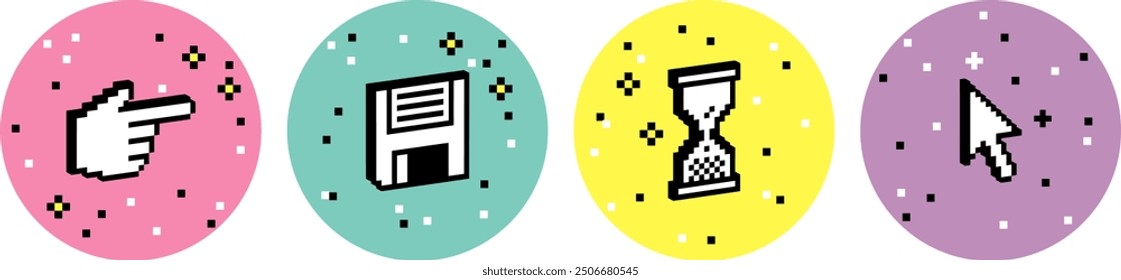 Y2k trendy stickers. Cursor icon set. 3D pixel elements. Hand click cursor. Mouse arrow pointer icon. Diskette, floppy disk. Mood of 90's. Cyber aesthetic. 8-bit retro style vector illustration