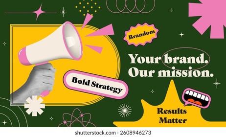 Y2K trendy text posters in brutalist style. Abstract shape and trendy colors. Collage halftone hand gesture. Modern trendy Digital Marketing concept for promotion and advertising. Vector illustration