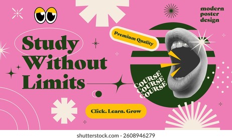 Y2K trendy text posters in brutalist style. Abstract shape and trendy colors. Collage halftone hand gesture. Modern trendy Online Education concept for promotion and advertising. Vector illustration