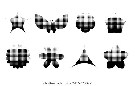 Y2k trendy textured geometric bold shapes set with halftone dotted texture. Vector isolated illustrations on transparent background.