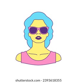 Y2k trendy woman in fashion sunglasses portrait cartoon character groovy icon vector flat illustration. Beautiful vogue female in summer eyeglasses minimal sticker for t shirt print