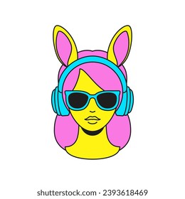 Y2k trendy woman rabbit ears in headphones and sunglasses groovy style icon vector flat illustration. Psychedelic teen female DJ gamer in earphones comic cartoon character sticker for t shirt print