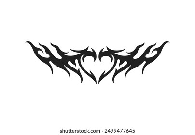 Y2k tribal celta neo gótico corazón fuego llama silueta tatuaje negro icono Vector plana ilustración. Estética inflamable amor ardiente amour símbolo romántico monocromo etiqueta engomada de San Valentín