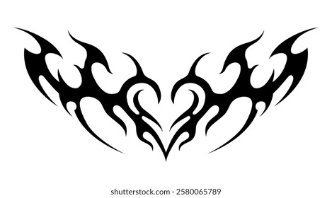 Y2K Tribal Fire Hearts design, Isolated Abstract Tattoo illustration, Black Futuristic tattoo for Decoration, Grunge sticker, Editable stock