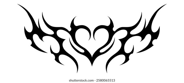 Y2K Tribal Hearts Tattoo vector design, Isolated Futuristic tribal, Rock metal and Grunge Decoration graphic elements, Valentine Clip art, Editable stock