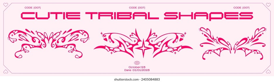 Y2K tribal shapes in retro futuristic style. Cyberpunk elements for 90s design. Ski-Fi style, GUI, FUI, HUD. Modern cyber user interface elements. Printable vector tattoo collection.