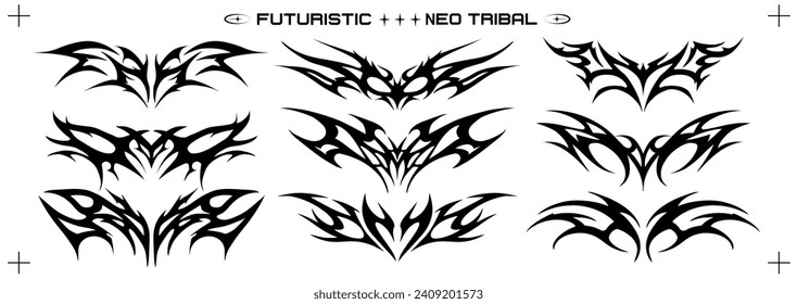 Y2K tribal shapes in retro futuristic style. Futuristic and Neo Tribal Tattoo Designs: A Modern Twist on Traditional Motifs. Succubus womb art, cyber sigilism style hand drawn ornaments. Vector