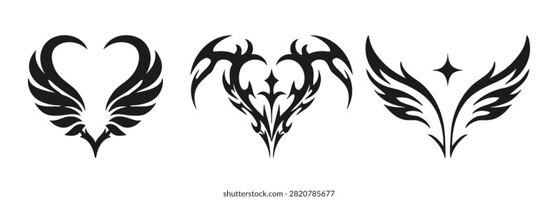 Y2K tribal tattoo design set cyber sigilism. Black angel wings heart silhouette gothic elements. Subculture alternative aesthetic symbol collection