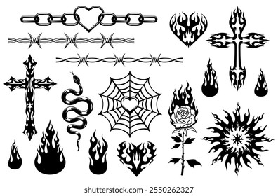 Y2K tribal tattoo set in abstract and gothic art with fire flames, vector stickers. Y2K modern trendy tattoo set of barbed chain with rose flower and Celtic cross or viper snake and heart in spiderweb