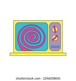 y2k tv with psychedelic spiral on screen icon. Retro televisin device. Doodle hand drawn vector illustration.