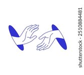 Y2k two hands connection to each other from hole contemporary pop art line icon vector flat illustration. Human arms touching together cooperation gesture psychedelic comic blue sketch funky print