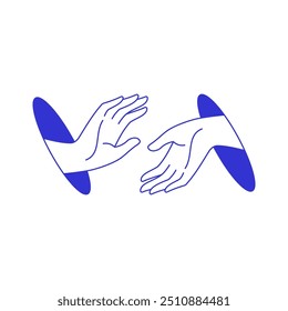 Y2k two hands connection to each other from hole contemporary pop art line icon vector flat illustration. Human arms touching together cooperation gesture psychedelic comic blue sketch funky print