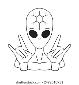 Y2k UFO alien rock cool finger gesture portrait contemporary pop art outline icon vector flat illustration. Psychedelic humanoid polygon abstract shape hipster lifestyle science fiction t shirt print