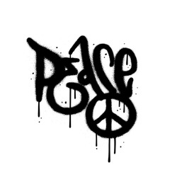 Y2k Urban Graffiti Peace Word And Symbol Sprayed In Black. Wall Art Textured Lettering In 90s Typography Design Style Perfect For Poster,greeting Card,t-shirt,banner,sticker,web. Vector Illustration.