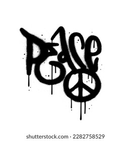 y2k urban graffiti peace word and symbol sprayed in black. Wall art textured lettering in 90s typography design style perfect for poster,greeting card,t-shirt,banner,sticker,web. Vector illustration.