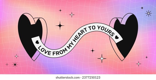 Y2K Valentine Day banner with portal hearts symbols and wavy text greeting on a gradient aura background, vector illustration, greeting in retro aesthetics.