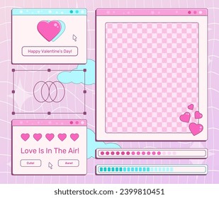 Interfaz de computadora retro para el Día de San Valentín 2000 con corazones y frases cortas, ventanas abiertas para pc, plantillas, barras de carga. Ilustración vectorial.