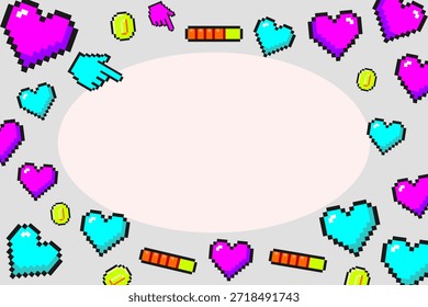 Fondo del día de San Valentín de Y2K con espacio de copia del círculo. Plantilla de arte retro pixel con corazones de 8 bits, barras de salud y monedas. Marco de amor cibernético de diseño plano de Vector para tarjeta de felicitación de jugador.